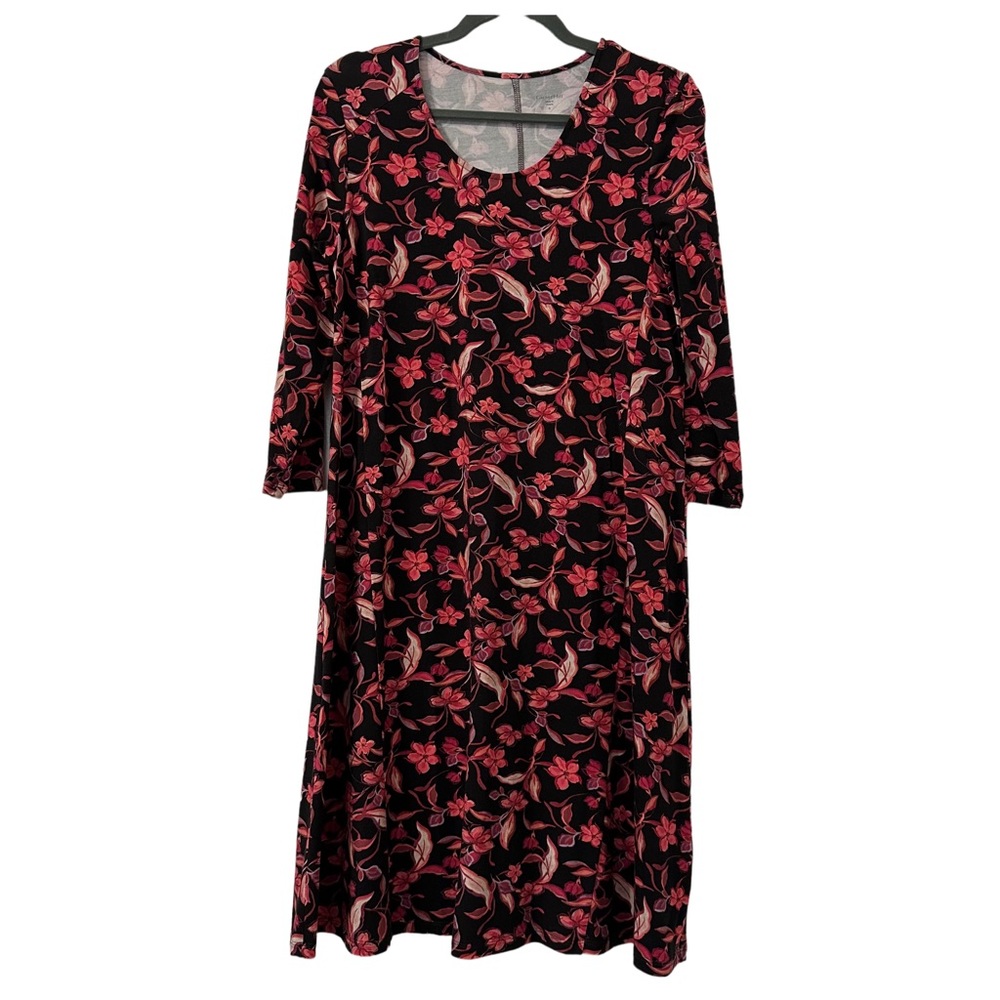 Garnet Hill Women’s Scoop Neck Swing Knit Dress 3/4 Sleeve Black Pink Floral S